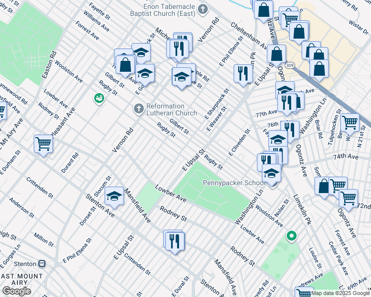 map of restaurants, bars, coffee shops, grocery stores, and more near 7728 Rugby Street in Philadelphia
