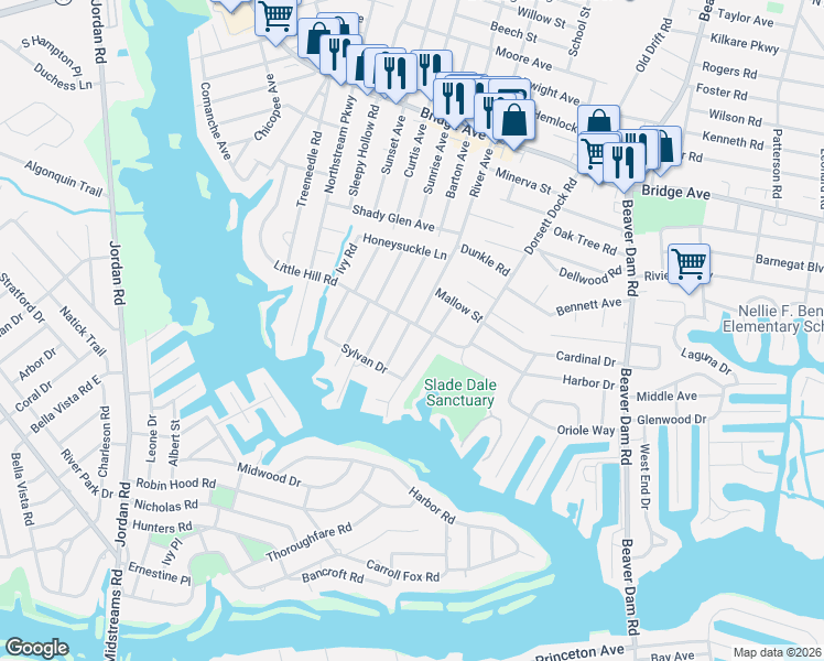 map of restaurants, bars, coffee shops, grocery stores, and more near 1600 Cherry Blossom Lane in Point Pleasant