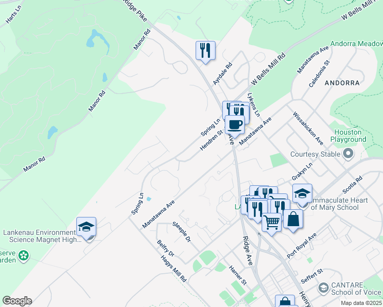 map of restaurants, bars, coffee shops, grocery stores, and more near 647 Hendren Street in Philadelphia