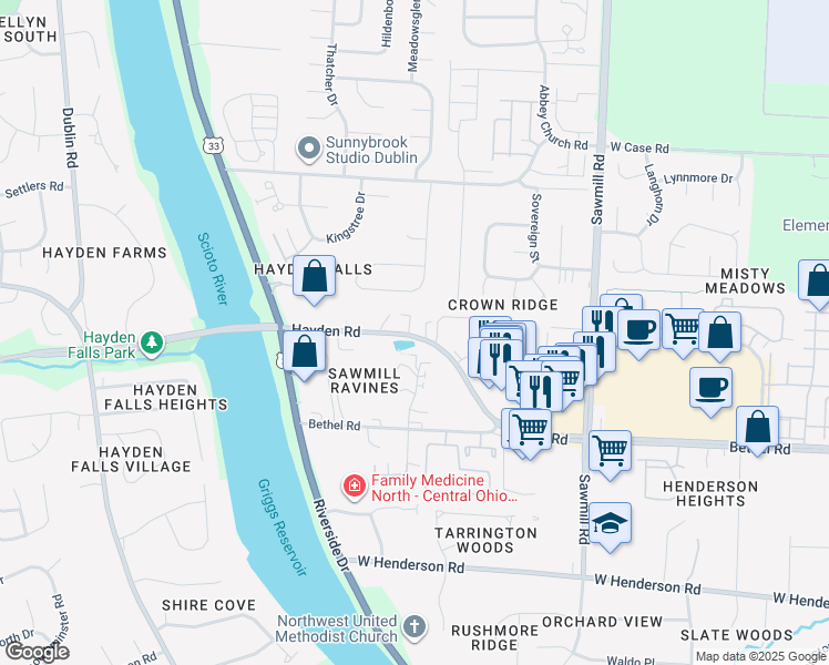 map of restaurants, bars, coffee shops, grocery stores, and more near 3080 Hayden Road in Columbus