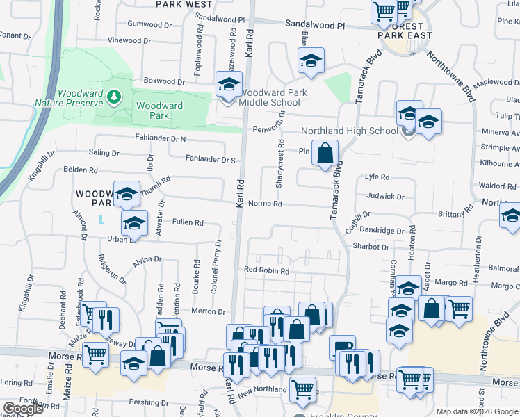 map of restaurants, bars, coffee shops, grocery stores, and more near 1601 Norma Rd in Columbus