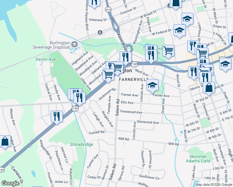 map of restaurants, bars, coffee shops, grocery stores, and more near 800 Salem Road in Burlington