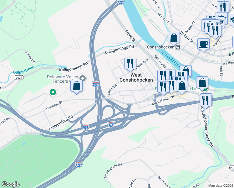 map of restaurants, bars, coffee shops, grocery stores, and more near 633 Ford Street in Conshohocken