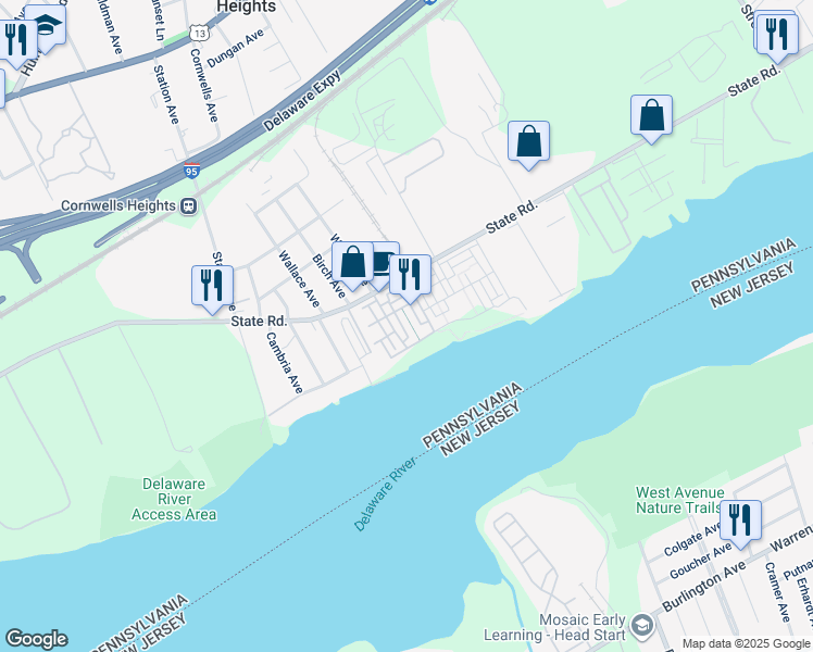 map of restaurants, bars, coffee shops, grocery stores, and more near 114B Royal Mews in Bucks County