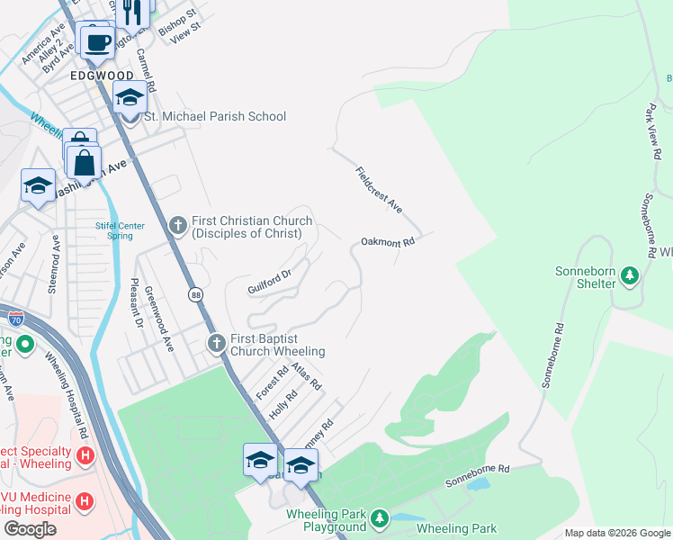 map of restaurants, bars, coffee shops, grocery stores, and more near 22 Boxwood Circle in Wheeling