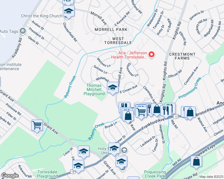 map of restaurants, bars, coffee shops, grocery stores, and more near 3699 Whitehall Lane in Philadelphia