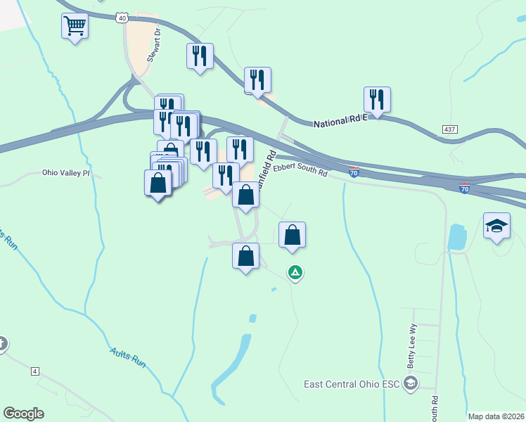 map of restaurants, bars, coffee shops, grocery stores, and more near 67736-67778 County Road 28B in St Clairsville