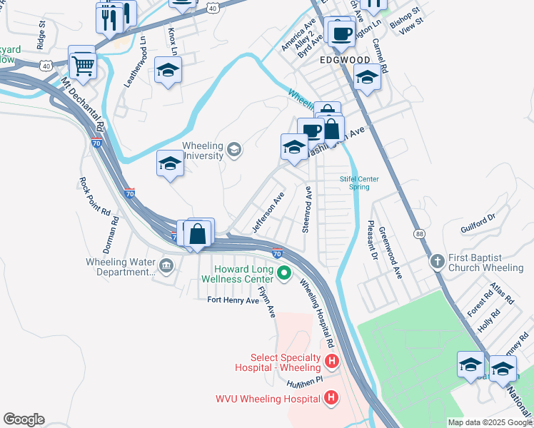 map of restaurants, bars, coffee shops, grocery stores, and more near 299 Betty Street in Wheeling