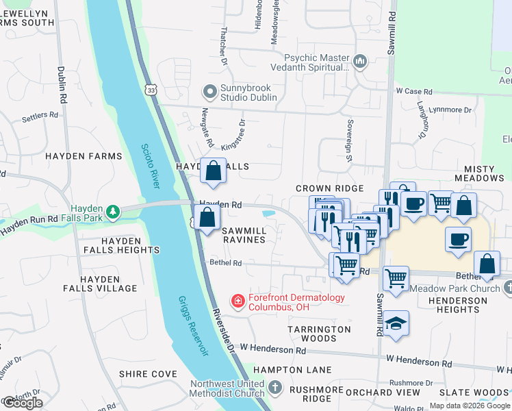 map of restaurants, bars, coffee shops, grocery stores, and more near 3156 Hayden Road in Columbus