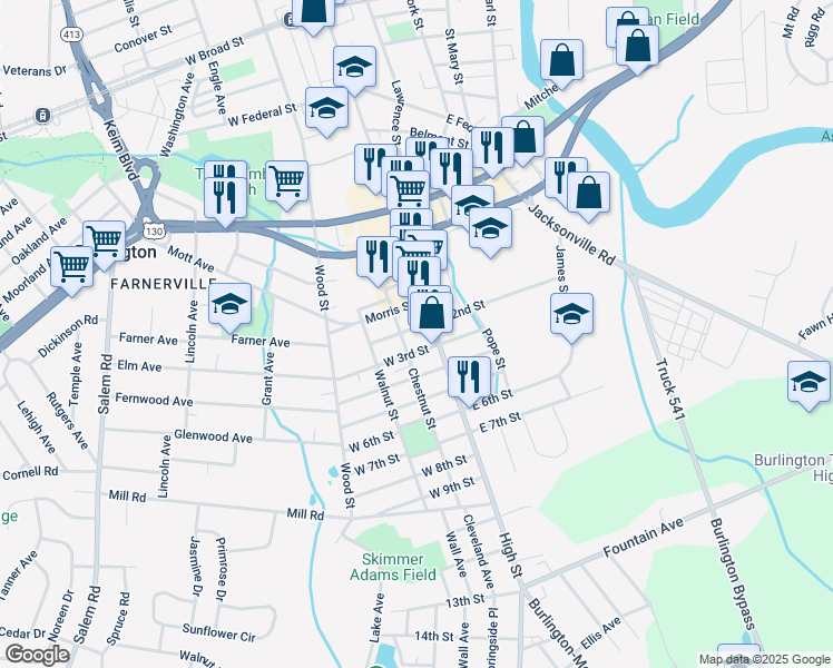 map of restaurants, bars, coffee shops, grocery stores, and more near 16 West 2nd Street in Burlington