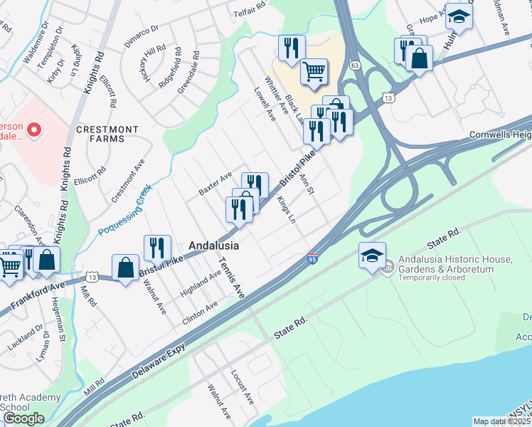 map of restaurants, bars, coffee shops, grocery stores, and more near 1023 Bristol Pike in Bensalem