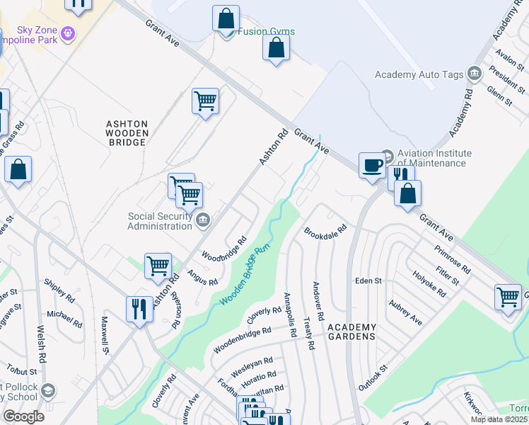 map of restaurants, bars, coffee shops, grocery stores, and more near 9491 Woodbridge Road in Philadelphia