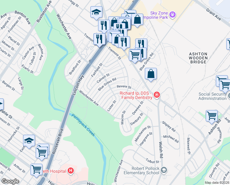 map of restaurants, bars, coffee shops, grocery stores, and more near 8902 Brous Avenue in Philadelphia