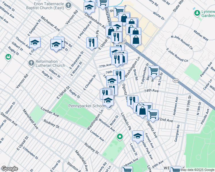 map of restaurants, bars, coffee shops, grocery stores, and more near 7439 Limekiln Pike in Philadelphia