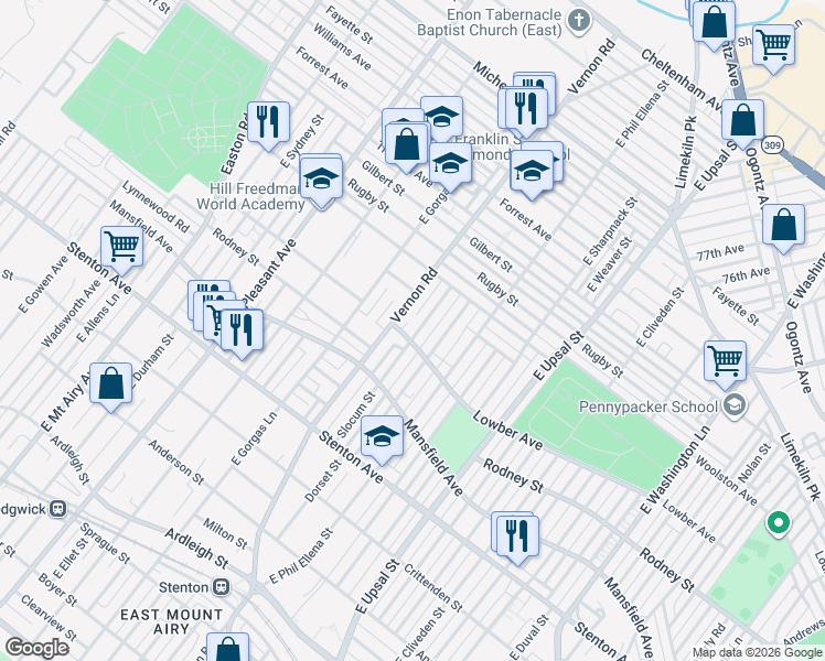 map of restaurants, bars, coffee shops, grocery stores, and more near 1112 Slocum Street in Philadelphia