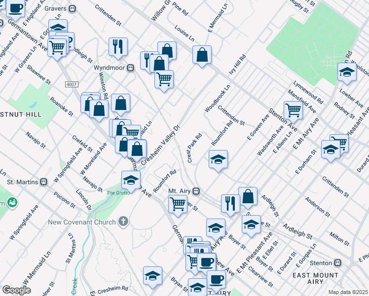 map of restaurants, bars, coffee shops, grocery stores, and more near 311 Crest Park Rd in Philadelphia