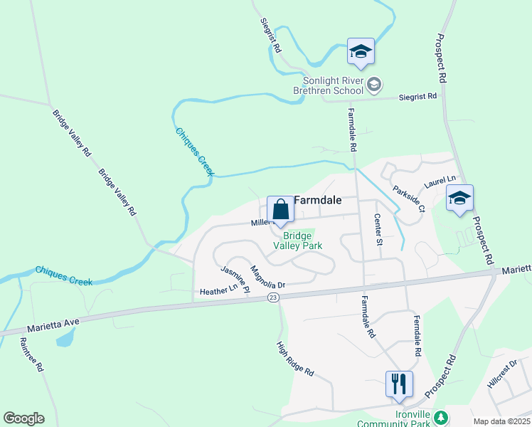 map of restaurants, bars, coffee shops, grocery stores, and more near 4499 Miller Drive in Mount Joy