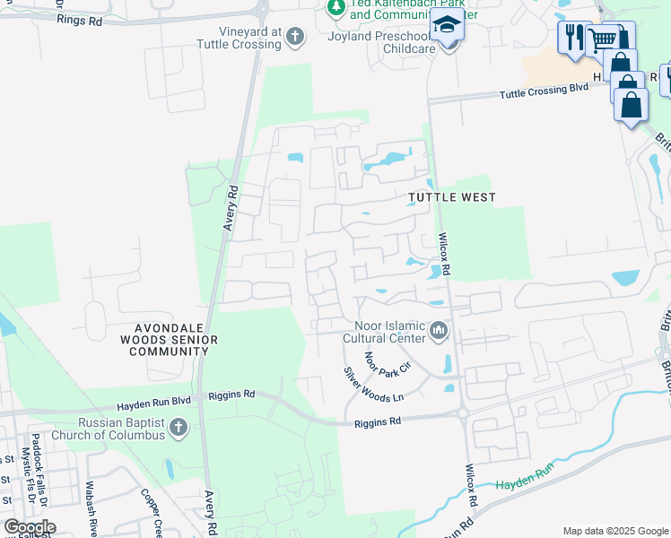 map of restaurants, bars, coffee shops, grocery stores, and more near 5153 Vinings Bend in Dublin