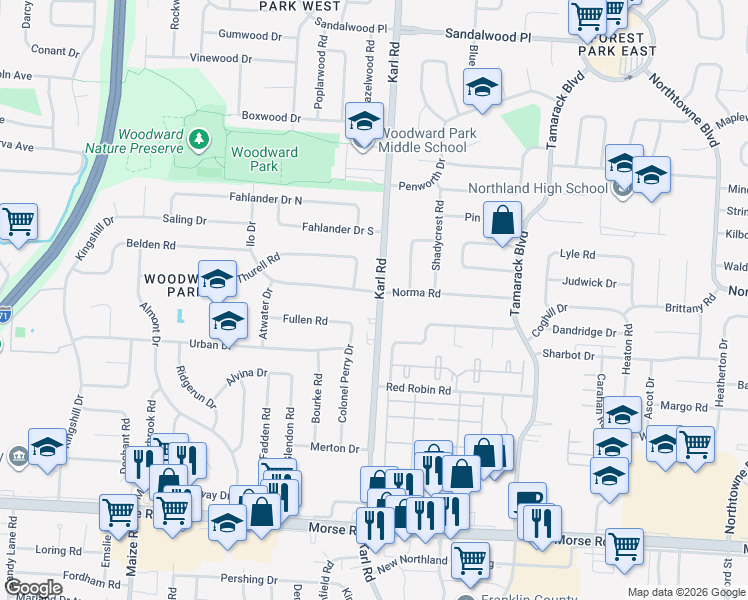 map of restaurants, bars, coffee shops, grocery stores, and more near 1549 Norma Road in Columbus