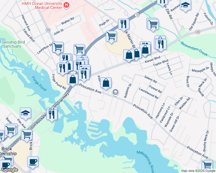 map of restaurants, bars, coffee shops, grocery stores, and more near 11 B Trail in Brick Township