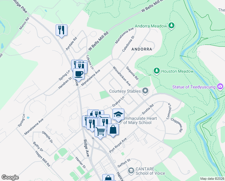 map of restaurants, bars, coffee shops, grocery stores, and more near 8718 Lykens Lane in Philadelphia
