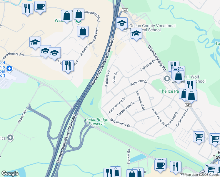 map of restaurants, bars, coffee shops, grocery stores, and more near 21 North Maplewood Drive in Brick Township