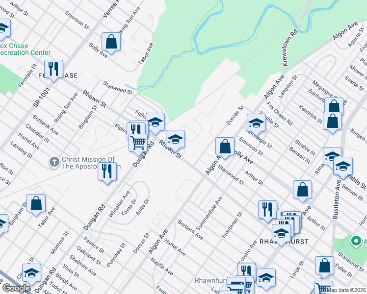 map of restaurants, bars, coffee shops, grocery stores, and more near 1425 Rhawn Street in Philadelphia