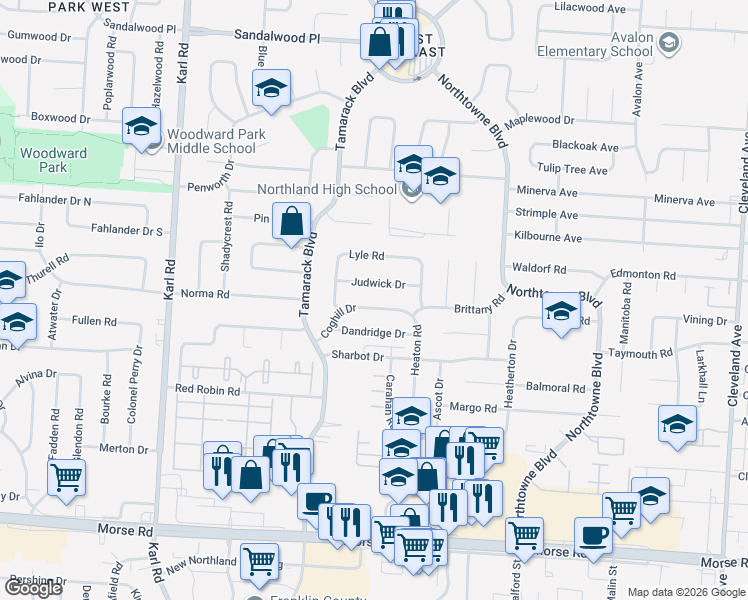 map of restaurants, bars, coffee shops, grocery stores, and more near 1886 Coghill Drive in Columbus
