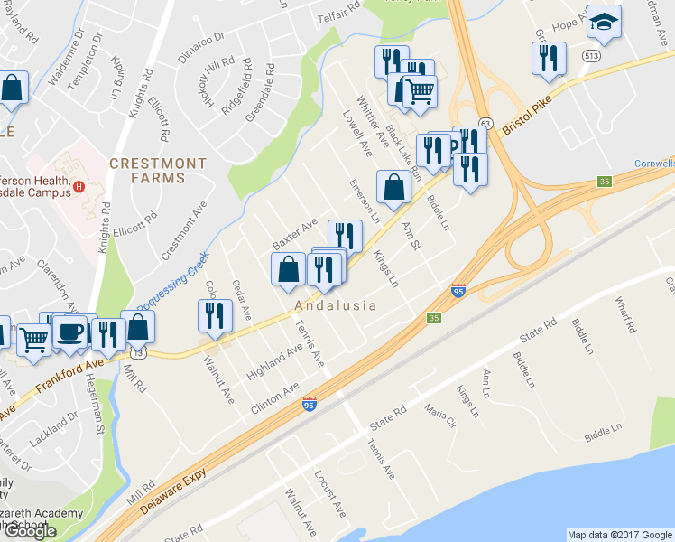 map of restaurants, bars, coffee shops, grocery stores, and more near 1012 Bristol Pike in Bucks