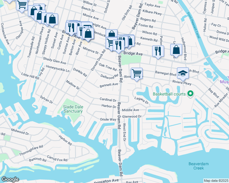 map of restaurants, bars, coffee shops, grocery stores, and more near 1522 East Bennett Place in Point Pleasant