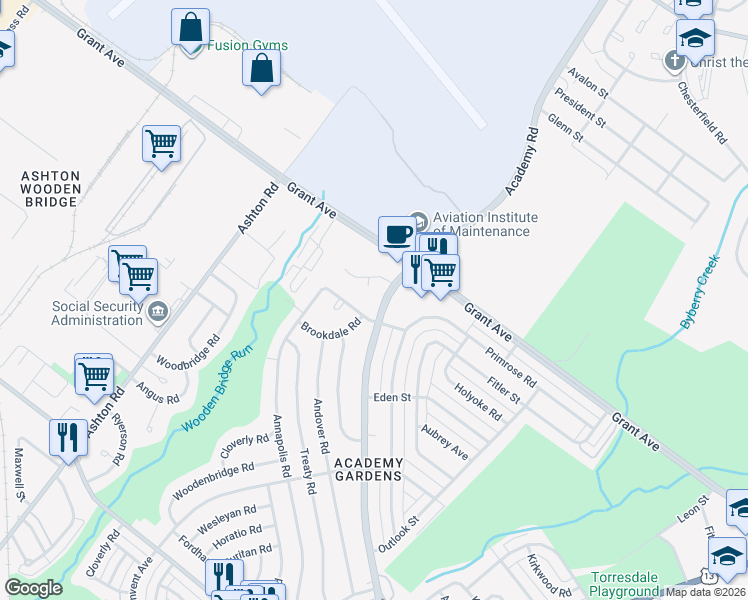 map of restaurants, bars, coffee shops, grocery stores, and more near 9410 Academy Road in Philadelphia
