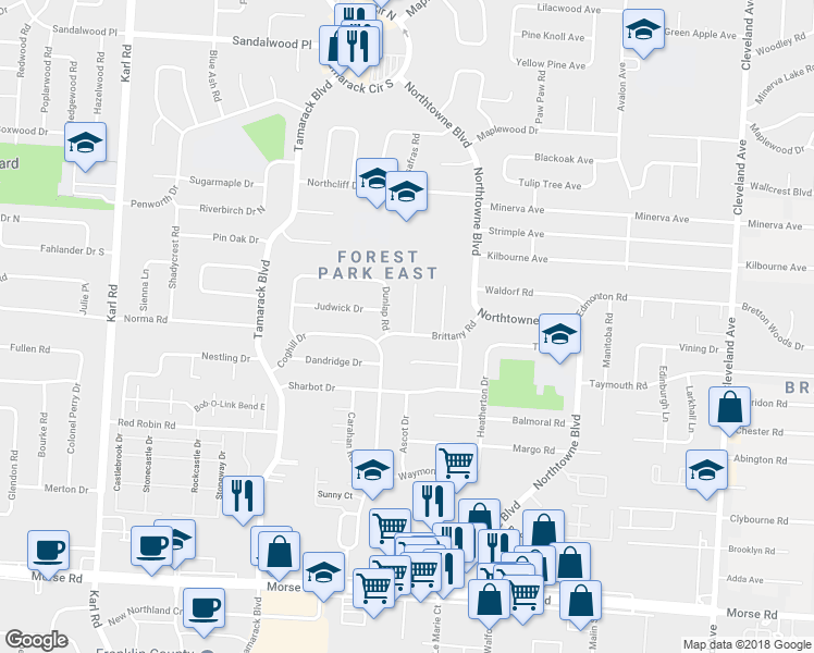 map of restaurants, bars, coffee shops, grocery stores, and more near 4893 Brittany Court West in Columbus