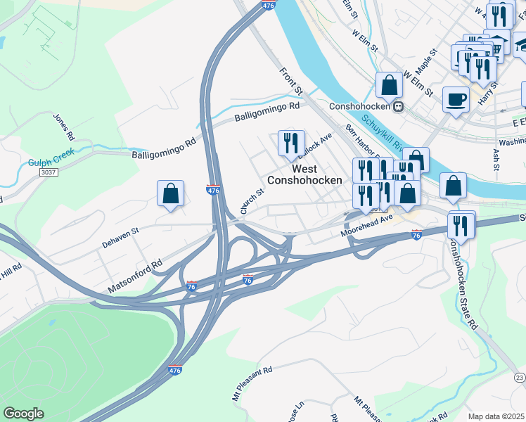 map of restaurants, bars, coffee shops, grocery stores, and more near 609 Ford Street in Conshohocken