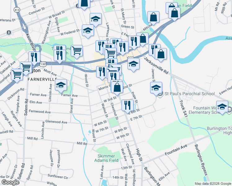 map of restaurants, bars, coffee shops, grocery stores, and more near 16 West 2nd Street in Burlington