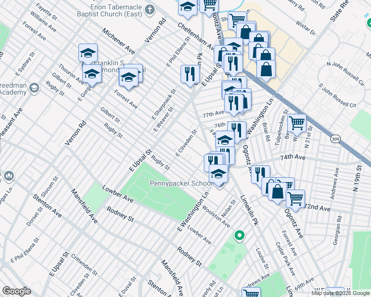 map of restaurants, bars, coffee shops, grocery stores, and more near 7554 Forrest Avenue in Philadelphia