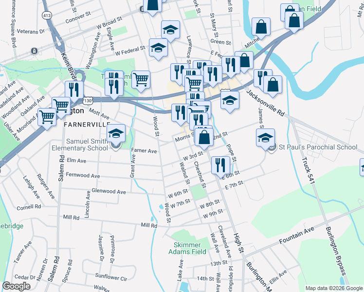 map of restaurants, bars, coffee shops, grocery stores, and more near 47-9 East 2nd Street in Burlington