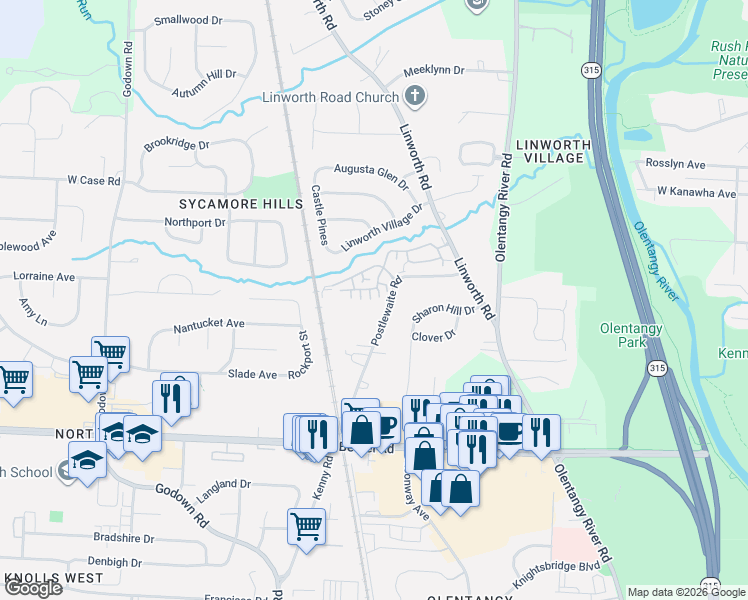 map of restaurants, bars, coffee shops, grocery stores, and more near 858 Village Brook Way in Columbus