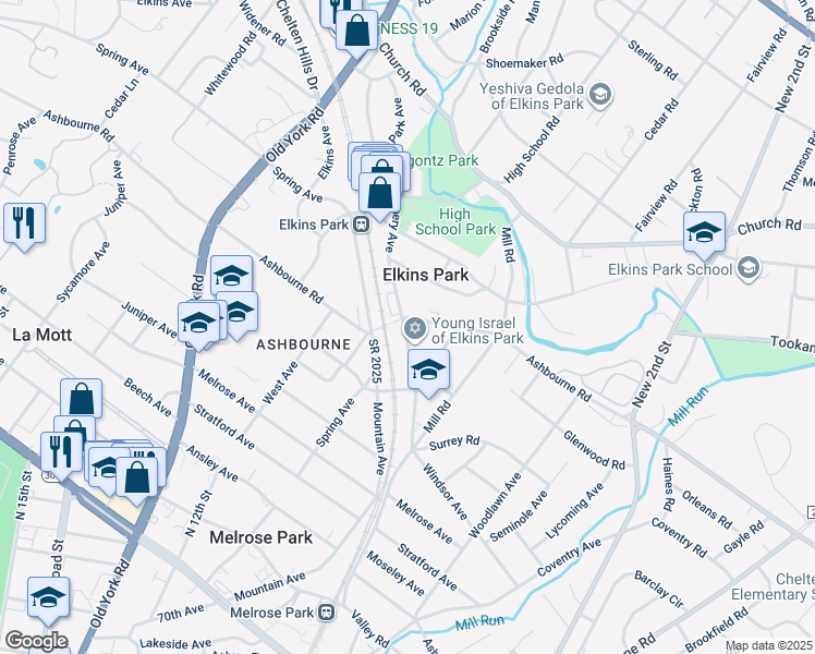 map of restaurants, bars, coffee shops, grocery stores, and more near 1342 Ashbourne Road in Elkins Park