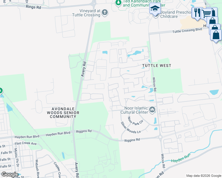 map of restaurants, bars, coffee shops, grocery stores, and more near 5184 Vinings Bend in Dublin