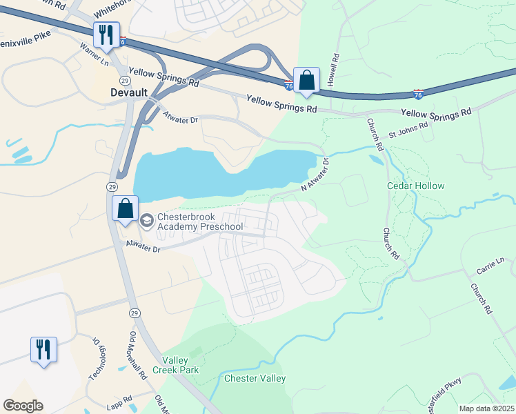 map of restaurants, bars, coffee shops, grocery stores, and more near 509 Cliff Lane in Frazer