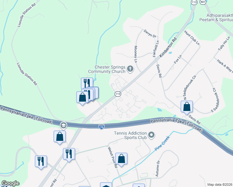map of restaurants, bars, coffee shops, grocery stores, and more near 531 Pennsylvania 113 in Chester Springs