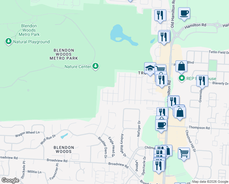 map of restaurants, bars, coffee shops, grocery stores, and more near 5688 Blendonridge Drive in Columbus