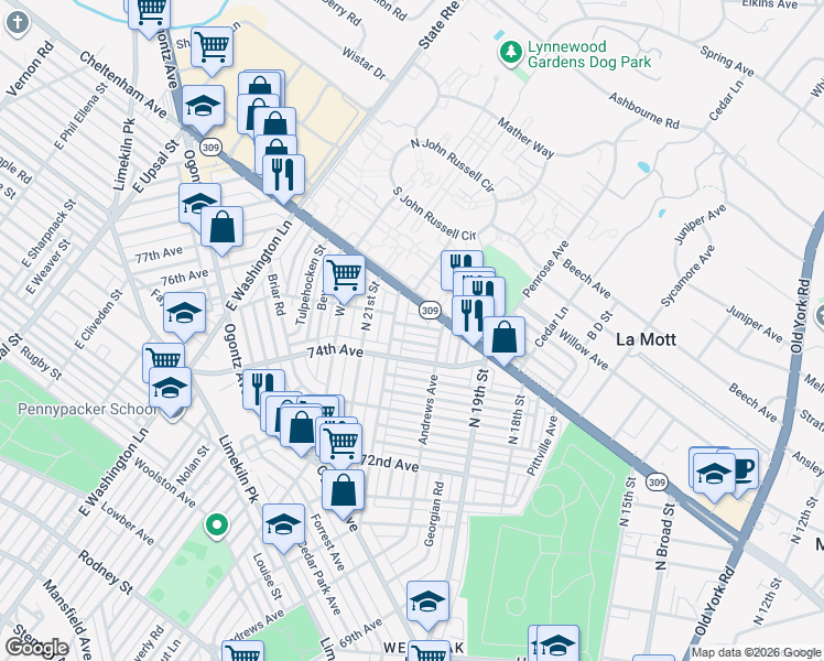 map of restaurants, bars, coffee shops, grocery stores, and more near 7423 North 20th Street in Philadelphia