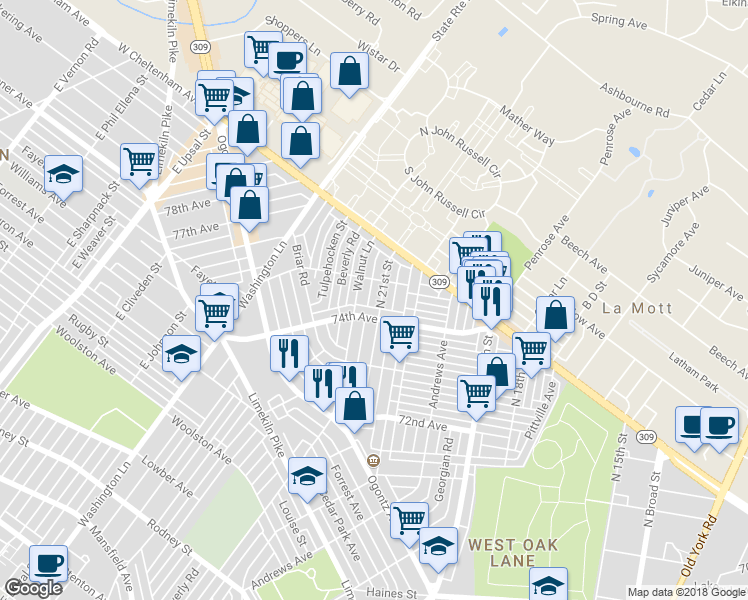map of restaurants, bars, coffee shops, grocery stores, and more near 7424 North 21st Street in Philadelphia