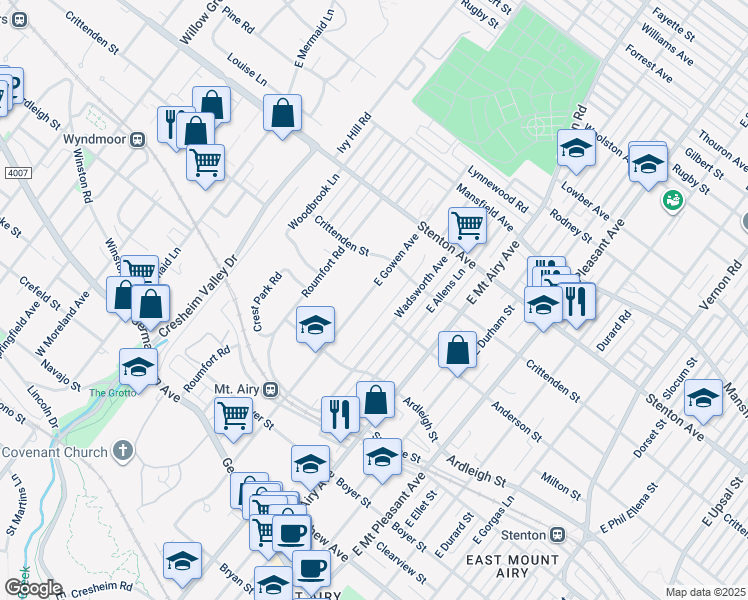 map of restaurants, bars, coffee shops, grocery stores, and more near 348 East Gowen Avenue in Philadelphia
