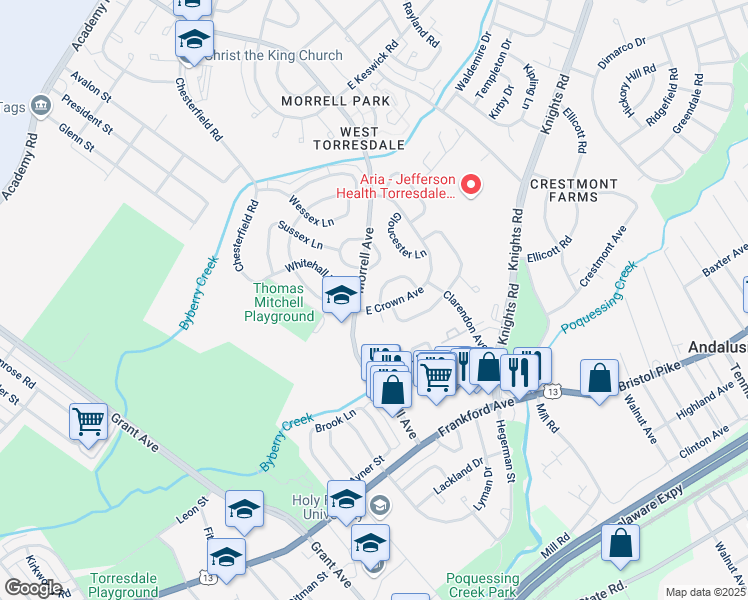 map of restaurants, bars, coffee shops, grocery stores, and more near 3689 Morrell Avenue in Philadelphia