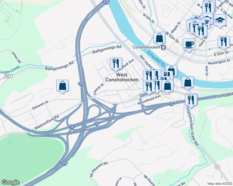 map of restaurants, bars, coffee shops, grocery stores, and more near 7 Elizabeth Street in Conshohocken