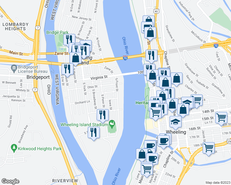 map of restaurants, bars, coffee shops, grocery stores, and more near 303 South Front Street in Wheeling