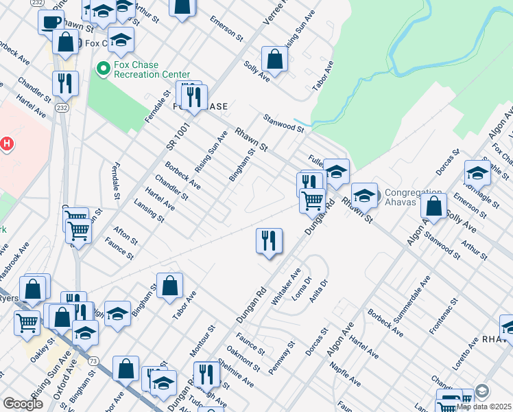 map of restaurants, bars, coffee shops, grocery stores, and more near 7914 Fox Run Lane in Philadelphia