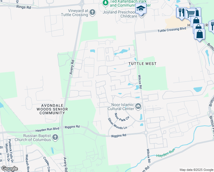 map of restaurants, bars, coffee shops, grocery stores, and more near 5153 Vinings Bend in Dublin